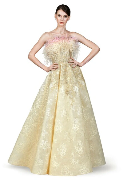 O'blanc Feathered A-line Gown