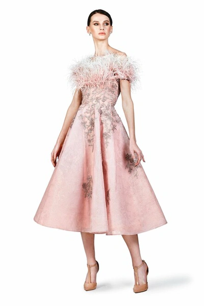 O'blanc Feathered Embellished Tea Dress In Pink