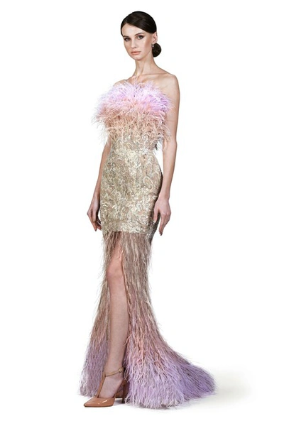 O'blanc Feathered High-low Gown