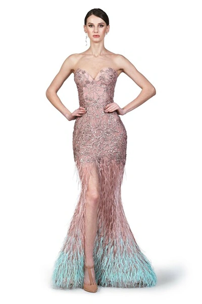 O'blanc Feathered Slit Gown With Cape