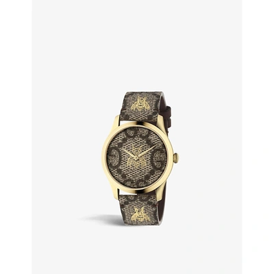 Gucci Ya1264068a G-timeless Gold Pvd And Leather Quartz Watch In Brown