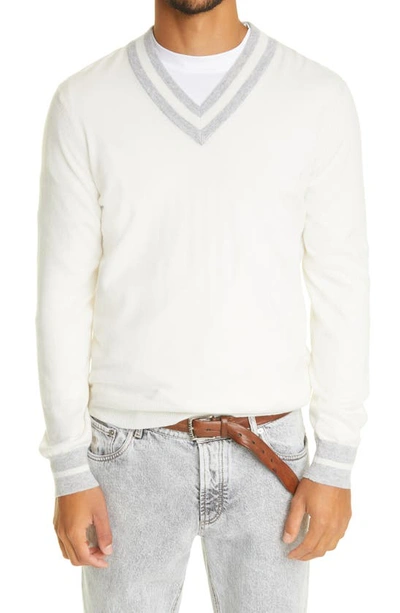 Brunello Cucinelli Stripe V-neck Cashmere Sweater In White