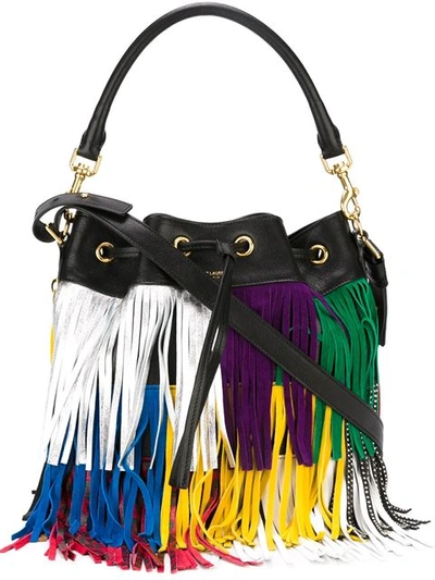 Saint Laurent Black Leather And Multi-colored Suede Medium 'emanuelle' Fringe  Bucket Bag In Black / Silver / Purple / Green