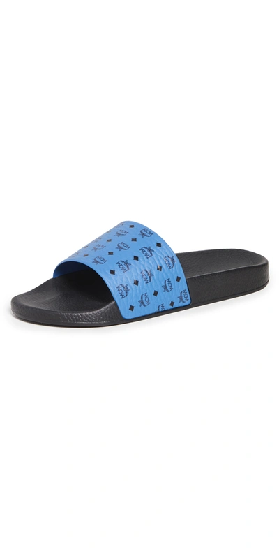Mcm Logo Leather Pool Slide Sandals In Blue,black