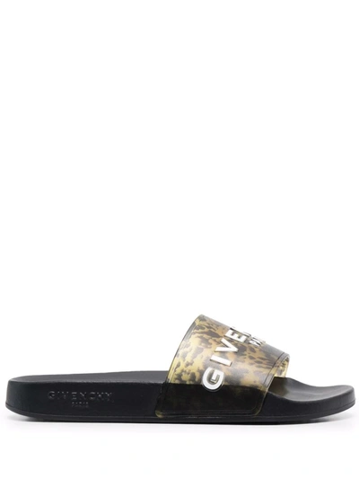 Givenchy Logo Marble-print Pool Slide Sandals In Black Yellow