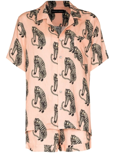 Desmond & Dempsey Linen Sansindo Tiger Cuban Pyjama Set In Pink