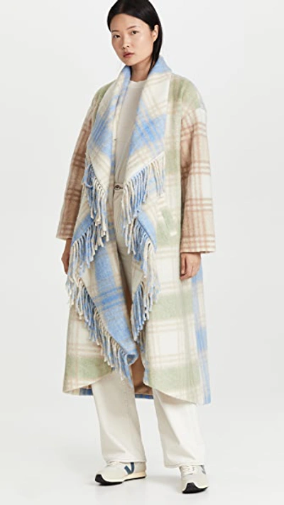 Cinq À Sept Lita Plaid Shawl-collar Fringe Coat In Meadow/gla