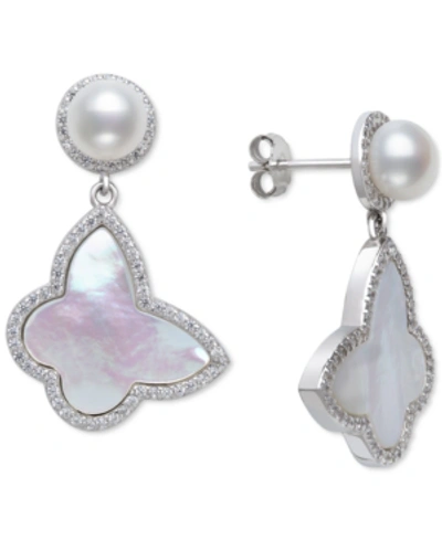 Belle De Mer Cultured Freshwater Pearl (6mm), Mother-of-pearl & Cubic Zirconia Drop Earrings In Sterling Silver