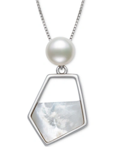 Belle De Mer Cultured Freshwater Pearl (7mm) & Mother-of-pearl Freeform 18" Pendant Necklace In Ster In Sterling Silver