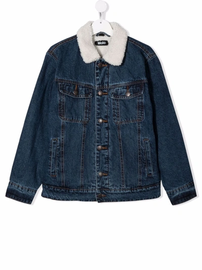 Molo Teen Shearling Collar Denim Jacket In Blue