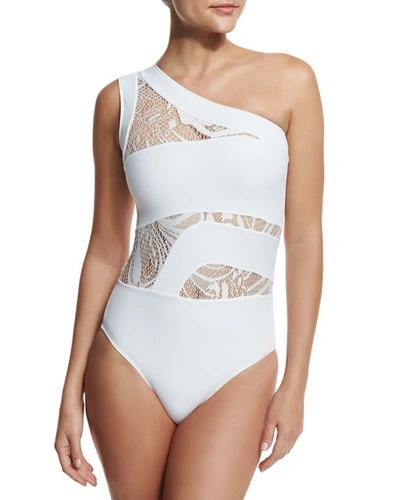 Oye Swimwear Elly One-shoulder Lace-panel One-piece Swimsuit In White