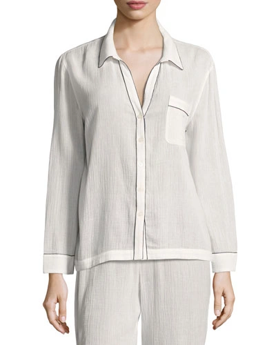 Skin Long-sleeve Piped Pajama Shirt, White
