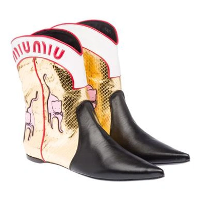 Miu Miu Leather & Metallic Flat Cowboy Boots In Black-gold | ModeSens