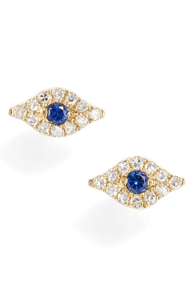 Ef Collection 14k Yellow Gold Mini Diamond & Blue Sapphire Evil Eye Stud Earrings