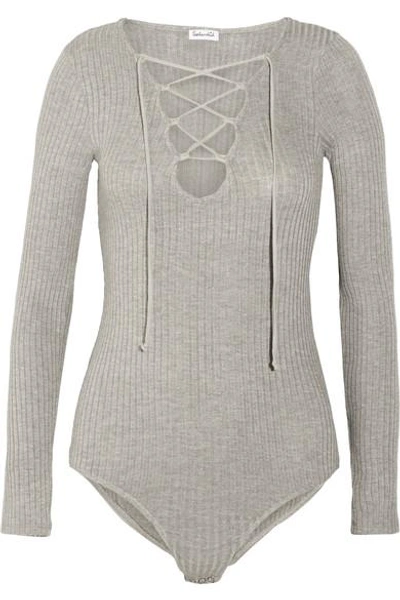 Splendid Lace-up Ribbed Strech-knit Bodysuit In Gray