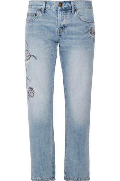 Current Elliott Current/elliott Woman The Crossover Embroidered Mid-rise Straight-leg Jeans Light Denim In Mid Denim