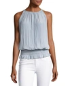 Ramy Brook Lauren Sleeveless Smocked-waist Top In Silver