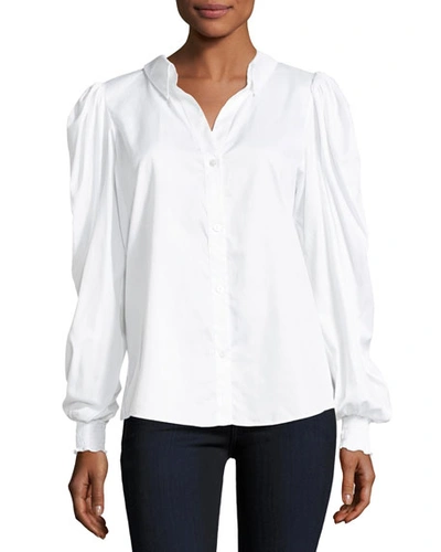 Petersyn Marcus Pouf-sleeve Button-front Poplin Top