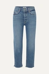 Grlfrnd Helena Cropped Distressed Mid-rise Straight-leg Jeans In Mid Denim