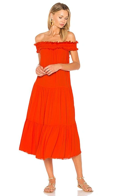Raquel Allegra Off Shoulder Shirred Dress In Orange