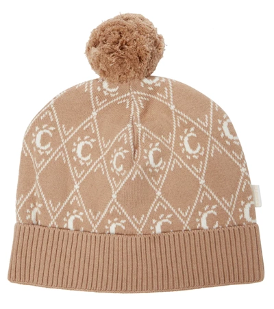 Chloé Kids' Intarsia Knit-logo Pompom Beanie In Pink