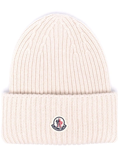 Moncler Logo-patch Ribbed Beanie In Nude