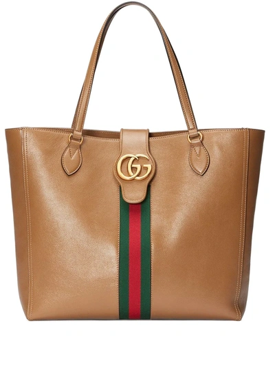 Gucci Medium Tote Bag With Double G And Web In Beige Leather