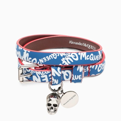 Alexander Mcqueen Blue Bracelet With Contrasting Logo Lettering In Red