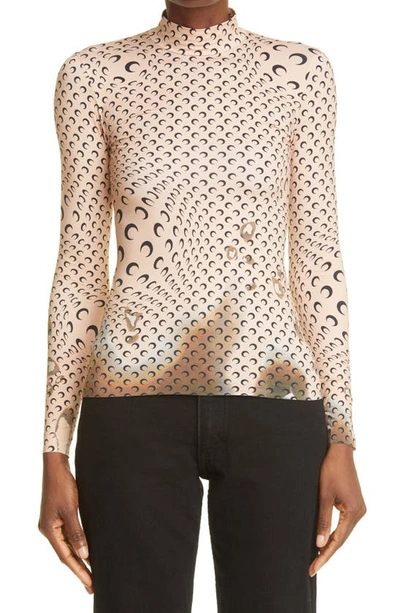 Marine Serre Fitted Moon Print Mock Neck Top In Tan With Print