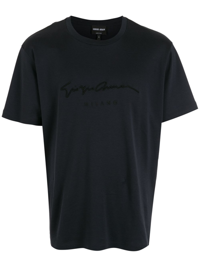 Giorgio Armani Embroidered-logo T-shirt In Blue