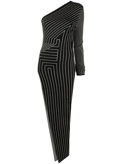 Rick Owens Geometric Stripe One-shoulder Dress In Black Pearl