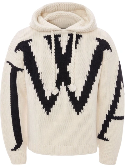 Jw Anderson Intarsia-knit Logo Drawstring Hoodie In White | ModeSens