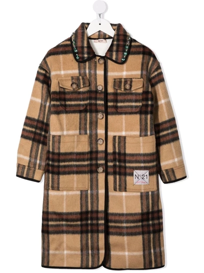 N°21 Teen Checked Button-front Long Coat In Brown