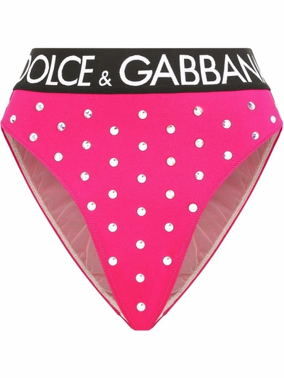 Dolce & Gabbana Spandex High-waisted Briefs With Rhinestones And Branded Elastic In Fuchsia