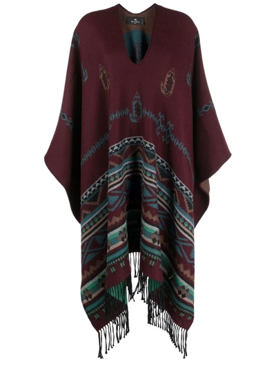 Etro Jacquard Poncho With Paisley Motifs In Red