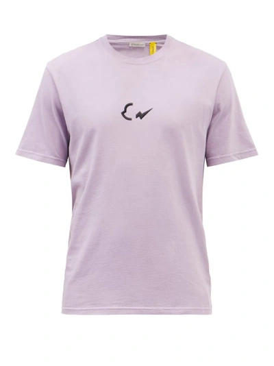 Moncler Man Lilac T-shirt With Embroidered Logos In Purple