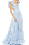 Mac Duggal Rosette Chiffon Cutout Empire Waist Gown In Powder Blue