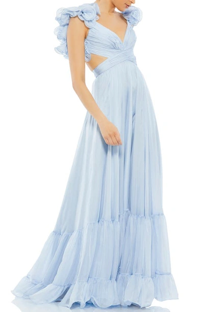 Mac Duggal Rosette Chiffon Cutout Empire Waist Gown In Powder Blue