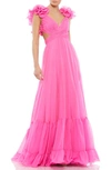 Mac Duggal Rosette Chiffon Cutout Empire Waist Gown In Hot Pink