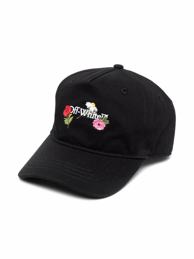 Off-white Kids' Floral Embroidered Logo Baseball Cap In Black