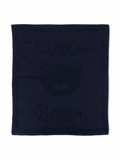 Little Bear Logo Intarsia Virgin Wool Blanket In Blue