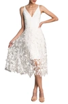 Dress The Population Darleen V-neck Embroidered Mesh Cocktail Dress In White