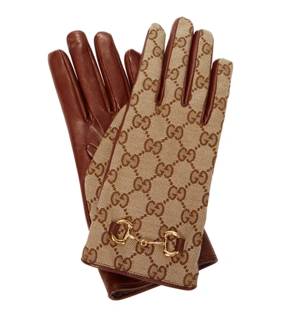 Gucci Horsebit Leather And Gg-jacquard Canvas Gloves In Beige