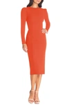 Dress The Population Nadia Long Sleeve Scoop Back Midi Dress In Orange