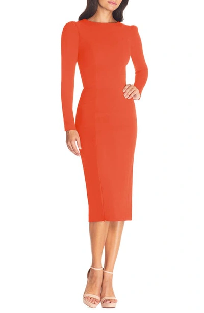 Dress The Population Nadia Long Sleeve Scoop Back Midi Dress In Orange