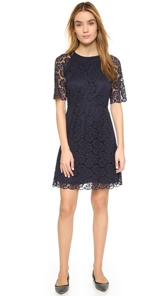 Madewell Short Sleeve Waisted Lace Dress In Night Vision | ModeSens