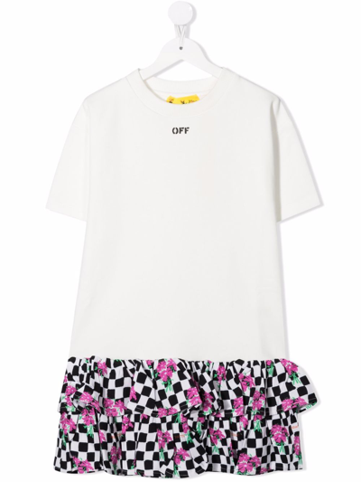 Off-white White Dress For Girl With Logo And Flowers