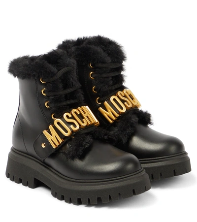 Moschino Kids' Logo-strap Patent Lace-up Boots In Black