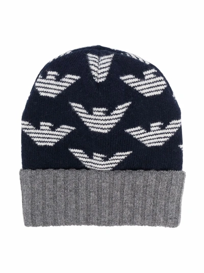 Emporio Armani Kids' Intarsia-knit Logo Beanie In Blue