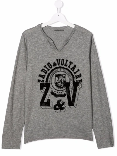Zadig & Voltaire Grey T-shirt For Kids With Velvet Logo In Grey
